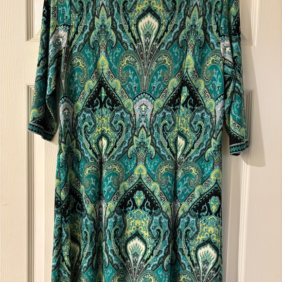 Green Black Sheath Midi Dress 3/4 Sleeve Scoop Neck Size 12 - Picture 7 of 8